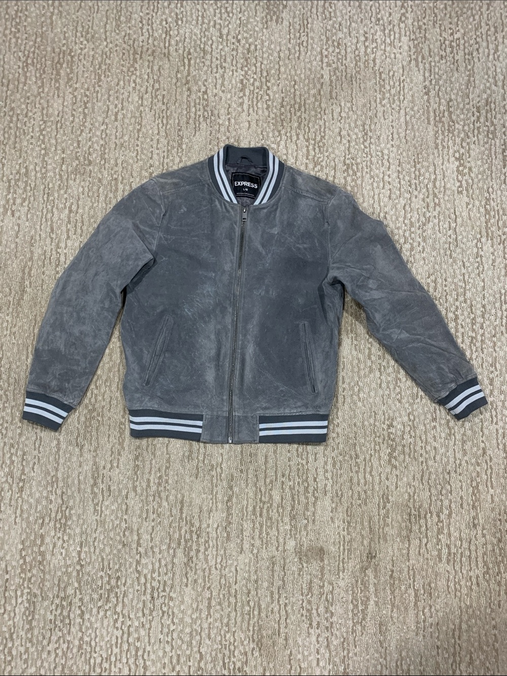 Express Gray Suede Bomber Jacket with Striped Rib Trim (407)